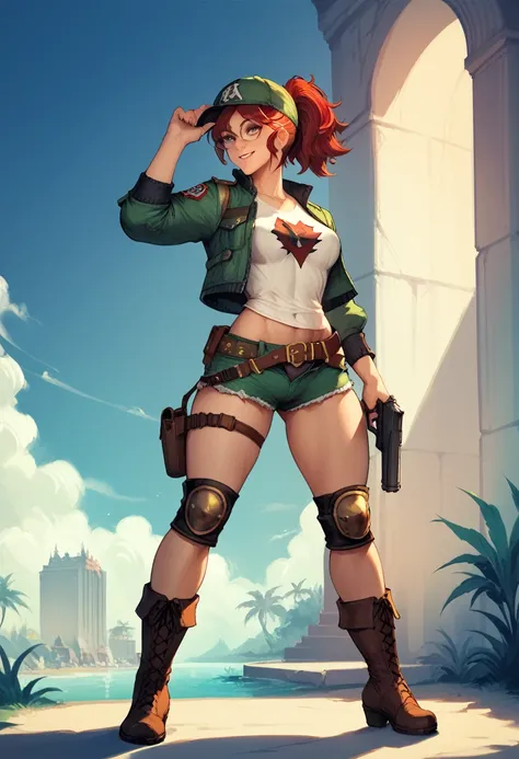 masterpiece, fantasy and warfare anime concept style, a beautiful mercenary, short red hair with ponytail, cap, round glasses, short green jacket open over a short white t-shirt, short shorts, knee pads, boots, hourglass figure, military gear, holding a pi...