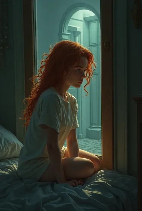 Girl looking at a glass that leads to a hallway, The girl has very tanned cinnamon-colored skin and very curly, copper-colored hair., She is sitting on a bed and sad expression 