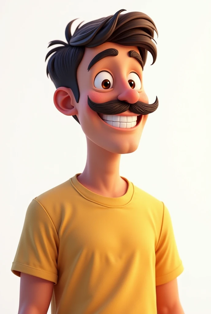 Young dad with pixar style mustache on white background full body 