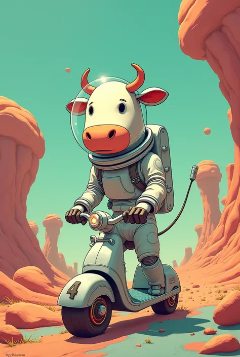 A scooter-riding astronaut cow stick figure character 