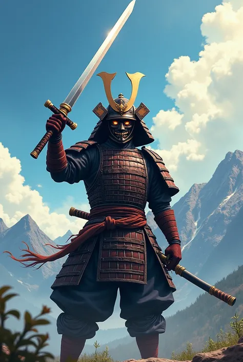 Anime draw, samurai mask, warrior, katana next to his face point the sky