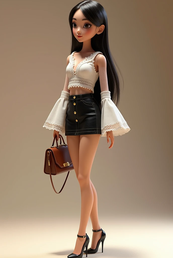 (photorealism:1.2), a young female CG pretty Barbie doll, side profile, and a fashion doll posed elegantly, exuding a stylish and modern vibe. She has long, straight hair that adds to her chic appearance.

Her outfit features a white, intricately designed ...