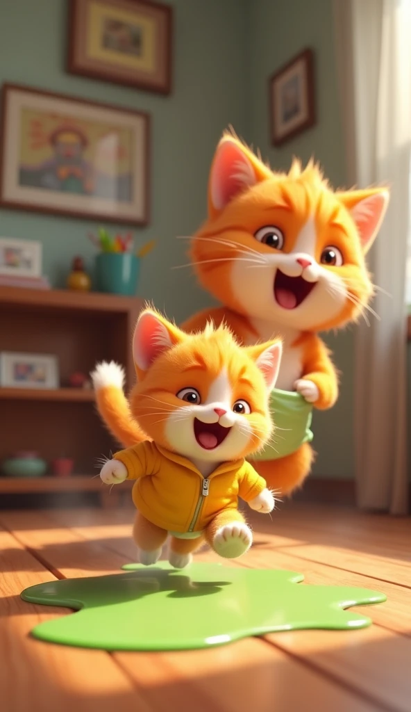 A playful orange kitten is joyfully running across a wooden floor, wearing a tiny yellow jacket with its mouth open in excitement. Behind the kitten, a larger orange-and-white adult cat is chasing after it, holding a diaper leaking green slime, with a conc...