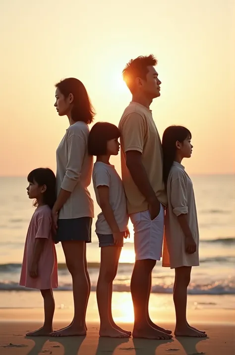 A photo of a family back to back on the beach realistically.
The photo will be on the beach, all back to back and are a Korean family in the picture will have:

An older woman An older man A tall boy Two average girls A female child A male child 