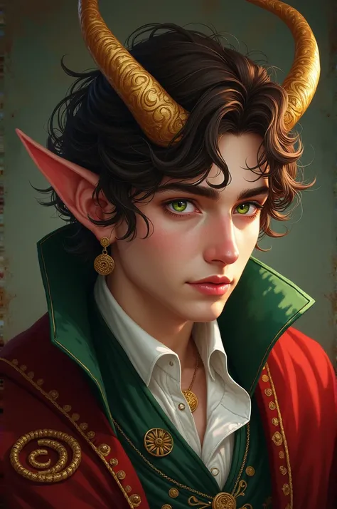 Zagreus, a young man with brown wavy hair, fierce eyes with central heterochromia color green outside golden inside, has thin ears, draconian horns, his clothes would be medieval like the house of the dragon 