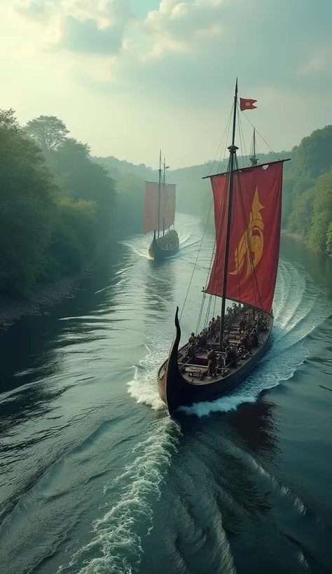 Several viking longships , they sail down the river thames , impressive scene of historical representation of Viking ships , the vikin warriors are embarked ready for battle,  epic scene inspired by the Vikings series , Viking ships faithful to the origina...