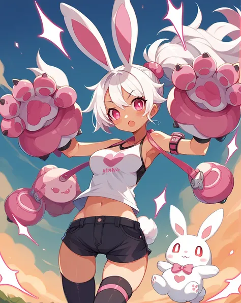 A cute cartoon animal，Cute white bunny, Warm colors predominate, Pink eyes, white hair, dynamic Pose, medium breasts, short shorts, white fit top only, big butt, thigh high black stockings 