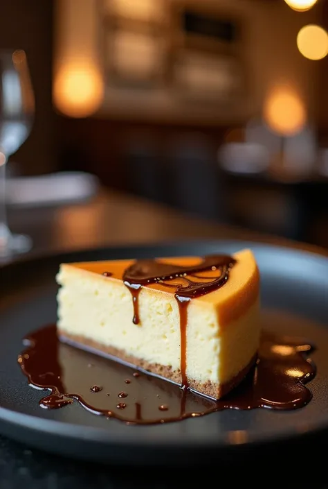 cheesecake on a dark plate drizzled with chocolate and caramel, fine dining, luxury food, professional photo, in a restaurant, 50mm, f 3.5