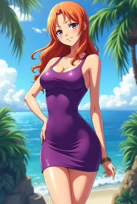 Nami from the anime One Piece with the very short and tight purple dress