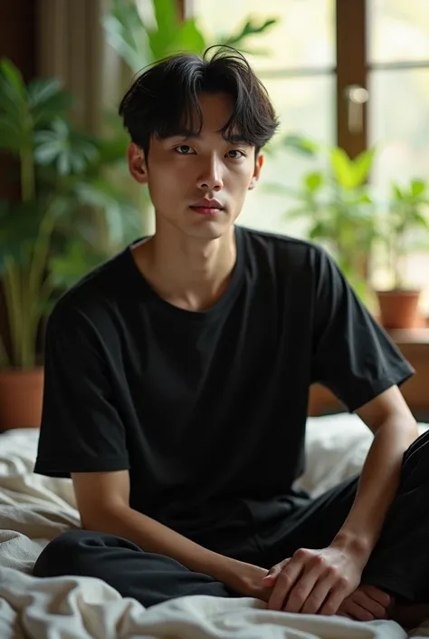 (photorealism:1.2), a korean man that looks like BTS jungkook, sitting on bed, black t-shirt, pajama pants, short dark hair, indoors, soft lighting, plants in background, window with sunlight, cozy room, relaxed pose, realistic, intricate details, warm col...