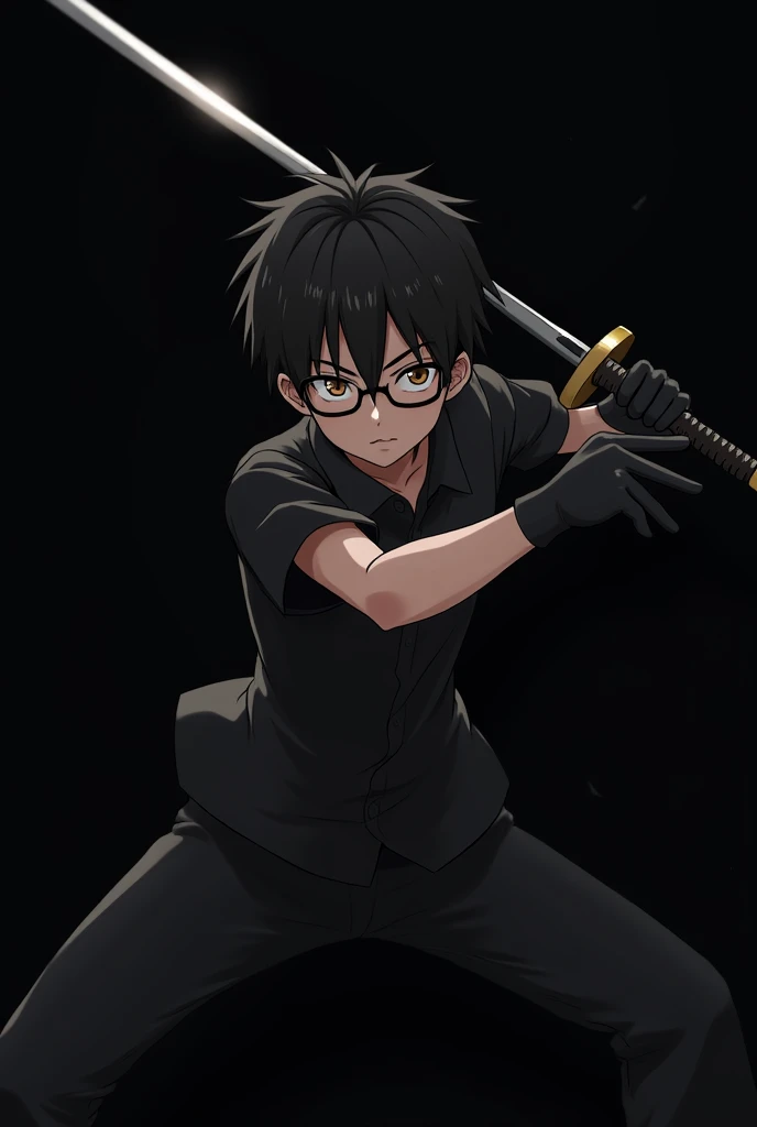 Create a boy with glasses black blouse brown eyes black gloves black hair spread with sword on black back in anime style