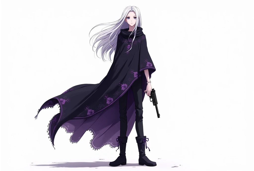 make it in anime style and with a white background, A tall man, with pale skin, long white hair, purple eyes looking like night stars, he wears black desert clothes that cover much of his body, he wears a black poncho with purple trim, he wears black pants...