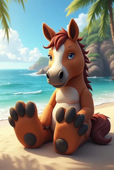 anthro horse sitting on the beach and showing his feet, 5 toes,furry, art.feet, 5_toes_, soles, anthromophic, 