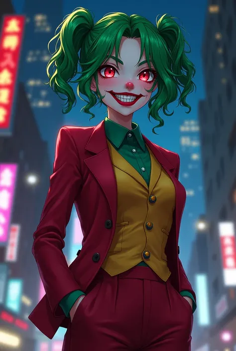 female joker, anime girl, green hair, red blazer, red pants, green collared shirt, yellow, yellow linen waistcoat, red eyes, clown makeup, crazy, yandere, city background, night time, silly face, normal teeth