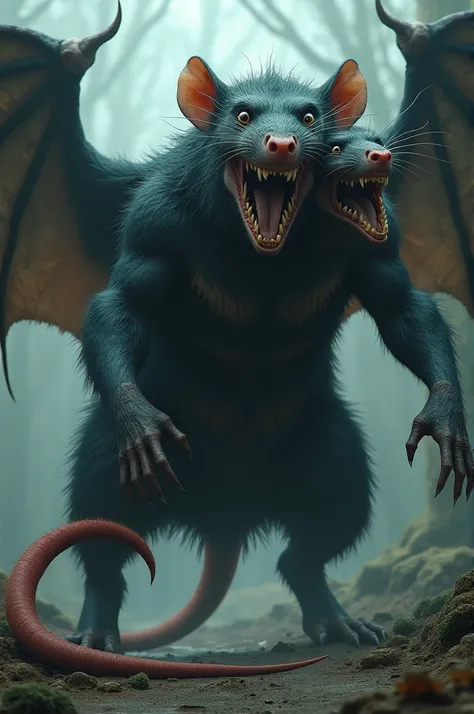 A giant rat with two heads. His eyes are white. Their mouths are open and have sharp teeth. His body is covered in dark hair. He has pigeon wings spread out on his back. A huge red, hairless tail.