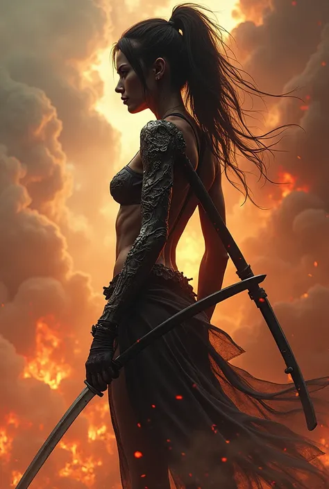 dark skin black woman cyborg whore with a katana sword on her back looking over her shoulder booty dragon fire from the sky