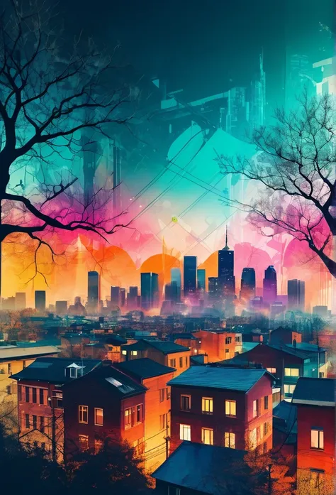 best quality,highres,ultra-detailed,realistic,double exposure,mixed media,contrast,blend,transparency,dreamy atmosphere,vibrant colors,detailed outlines,cityscape,nature elements,urban silhouette,trees and buildings,hybrid,urban and natural,seamless blendi...