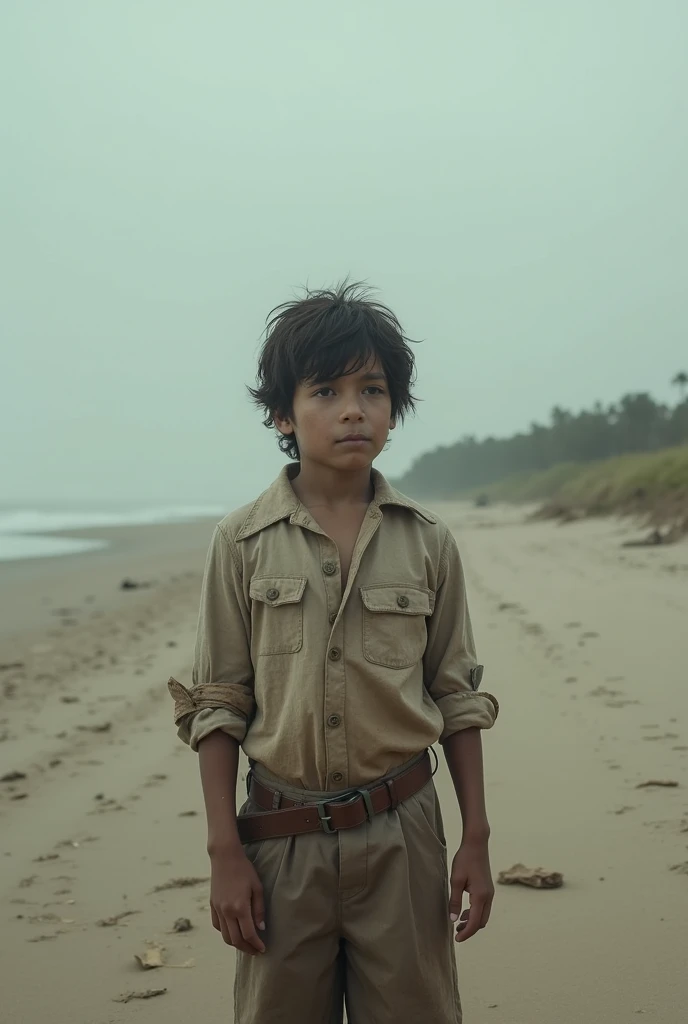 a  boy standing alone on sandy beach, dirty ragged clothes, messy hair, sad expression, moody lighting, cinematic atmosphere, dramatic shadows, abandoned desolate location, gritty realistic style, muted color palette, beautiful detailed face, incredibly de...