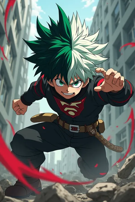 Anime boy with half green and half white hair, , wearing the My Hero Academia costume fighting a villain 