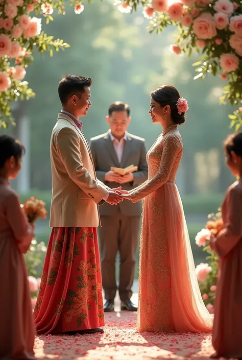 Two couples exchanging vows in a traditional ceremony