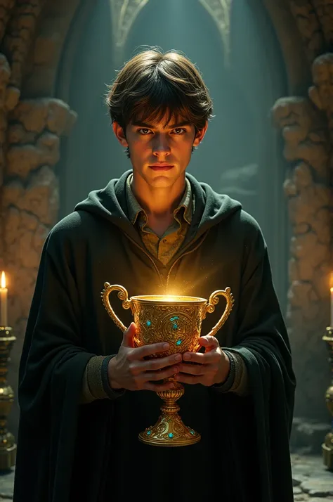 Cédric Diggory holding Helga Hufflepuff&#39;s cup in his hands