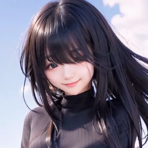 beautiful girl, long hair, black hair, blindfolded bangs, bangs blindfolded, black sweater, black suit, 1 girl, high resolution, blush, smile, sky background 