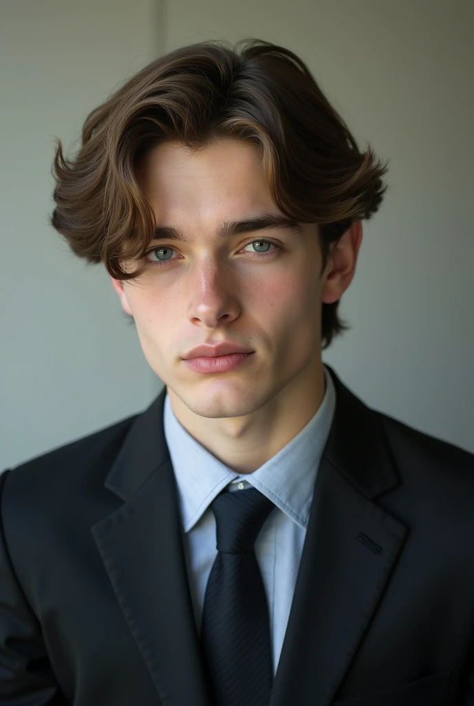 Photo of a teenage man in formal clothes and medium-long hair 