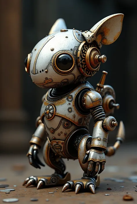 A highly detailed metal robotic  fantasy creature, small, cute, adorable, intricate gears, intricate mechanisms, complex machinery, ornate design, fantastical elements, dramatic lighting, photorealistic, 8k, high quality, masterpiece