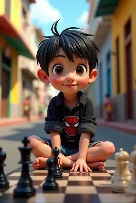  boy, playing chess in Brazil. Smiled, Straight black hair, white skin, Black flannel with spiderman logo, jean shorts, one sandalias. 