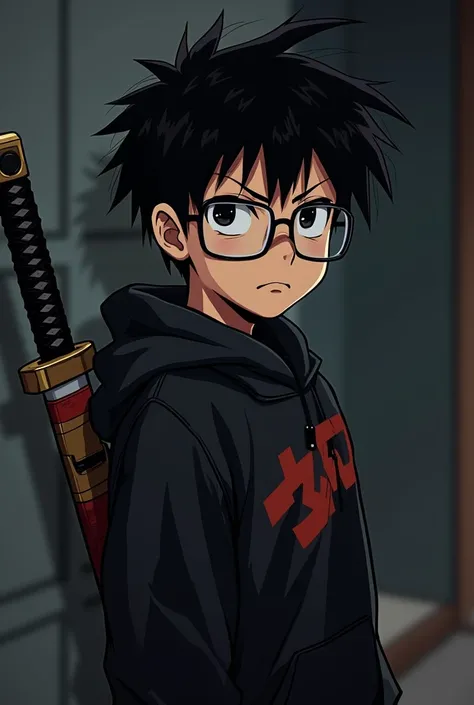 Create a boy with glasses black sweatshirt with red brown eye black gloves black hair spread with sword on black back on the side of mike from tokyo revengers in anime style