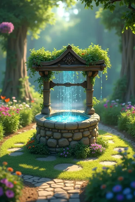 Animated well of shimmering water at garden