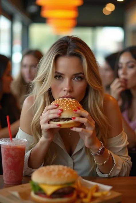 Stunning Latin Woman, 8k photo, cinematic, blond hair,  selfie style photo, main woman with friends on the side, em um Mac donalds, eating a hamburger 