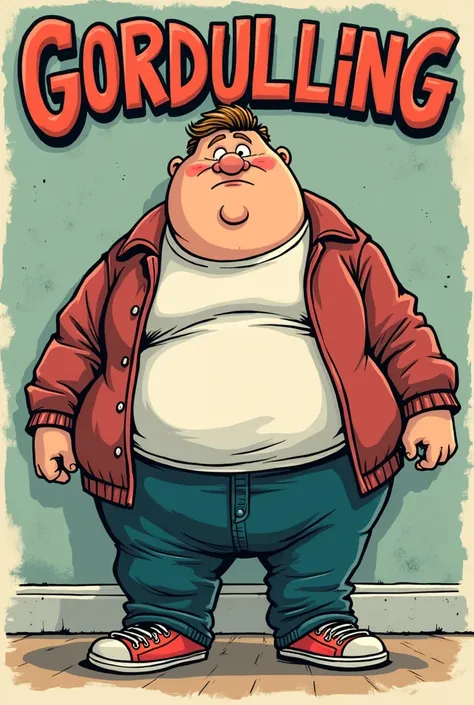 Create the cover of a comic about bullying a student for being fat at school that says "Gordulling"