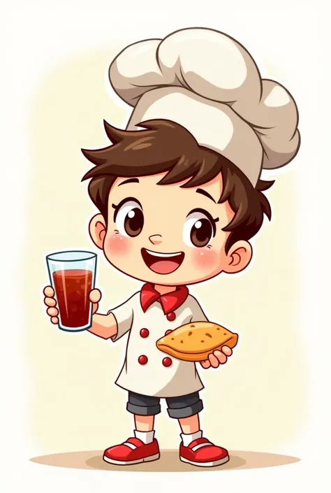 Make me a cartoon boy with a chef hat holding a glass of soda and an empanada easy to draw