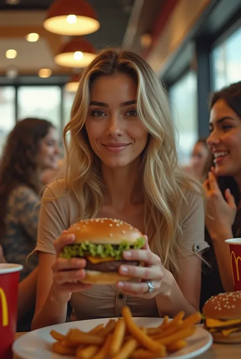 Stunning Latin Woman, 8k photo, cinematic, blond hair,  selfie style photo, main woman with friends on the side, em um Mac donalds, eating a hamburger 