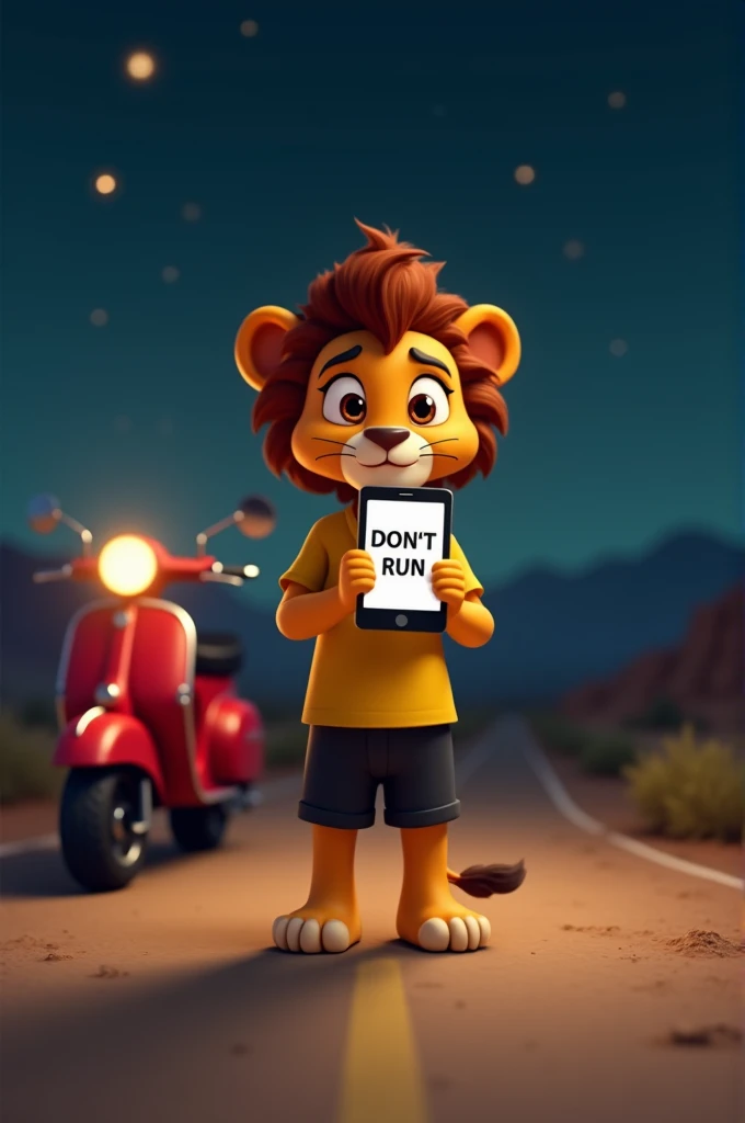 
A 4k cartoon lion stylish hair cub stands on a desert road at night, looking concerned while holding a smartphone displaying the message Dont Run. The cub wears a yellow shirt and black pant shorts and has round, expressive eyes. A red vintage scooter is ...