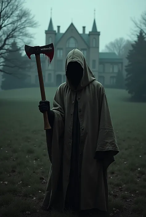 Murderer with a bag over his face and an axe with the text Westterddie, with a mansion in the background