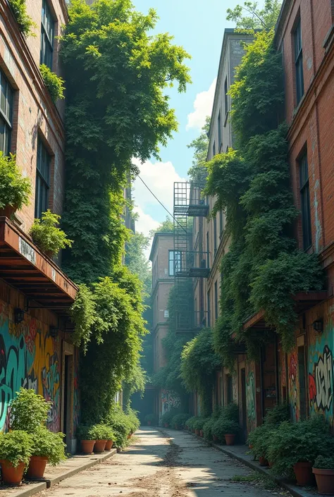 create an urban intervention in the form of graffiti with trees and plants growing from buildings and invading the city