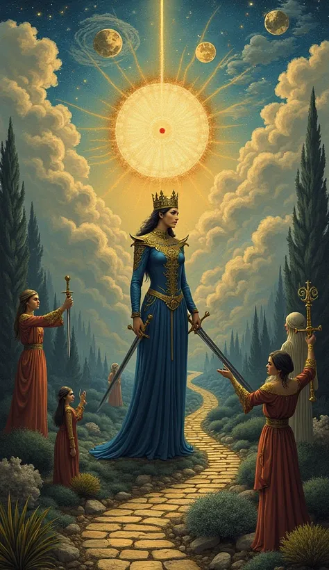 on the canvas, represents the Queen of Swords as a strong and analytical figure, surrounded by clouds that symbolize confusion and doubts. In the background, The Empress reversed suggests a withered garden, reflecting the lack of fertility in creativity. A...