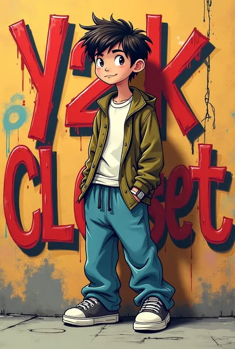 Animated man logo with baggy clothes and graffiti letters saying Y2K closet