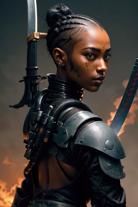 dark skin black woman cyborg whore military buzz cut with a katana sword on her back looking over her shoulder booty dragon fire from the sky