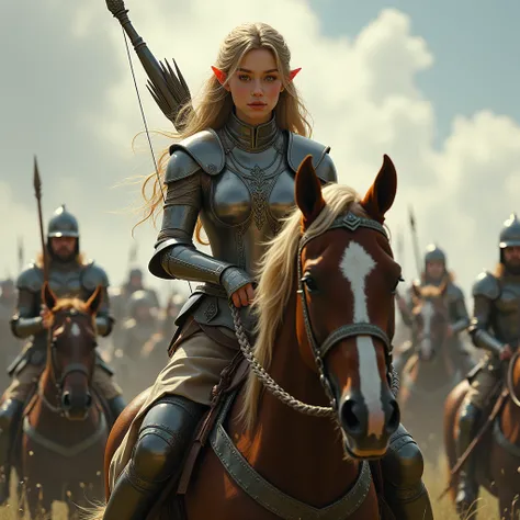 Beautiful-faced elf girl, horsewoman, on horseback, Holding a bow in his hands, with his slender legs he squeezes the horse&#39;s sides, rises in the saddle, hair falls in waves to the shoulders, Her armor is beautiful and skillfully crafted from the sacre...