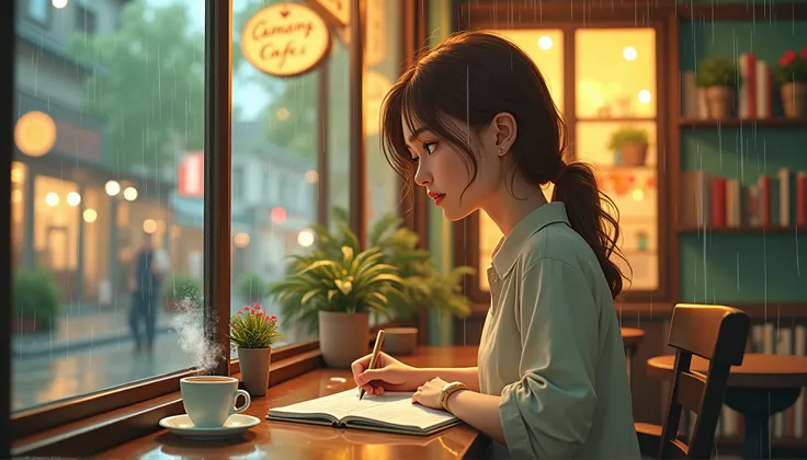 I would like to create the first scene of a lofi animation with a soft color palette. The scene is a girl in a coffee shop on a rainy day.

1. Draw the facade of a cozy cafe on a rainy day. The cafe should have large windows showing the cozy interior and w...