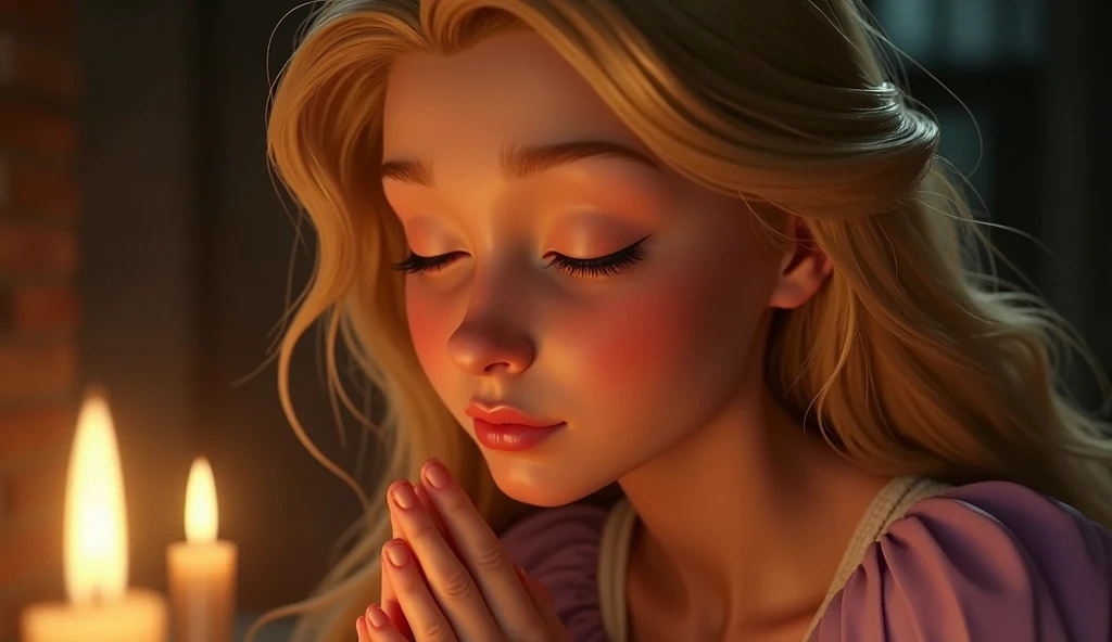 Close-up of Jeanne dArc (Disney Rapunzel look) kneeling in prayer before flickering candles. Focus on her face: eyes closed, lips softly moving in prayer, a serious and focused expression."
