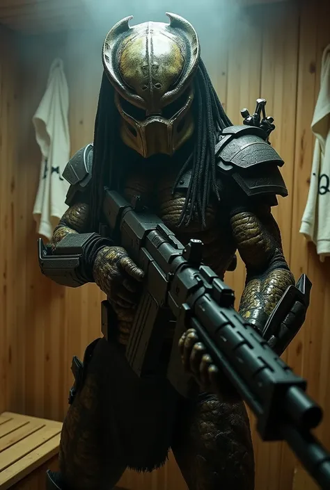 Predator aus dem Film „Predator" , in combat uniform, in a steamy sauna, aims a futuristic weapon at the viewer, Towels with “DSF"-Print in the background