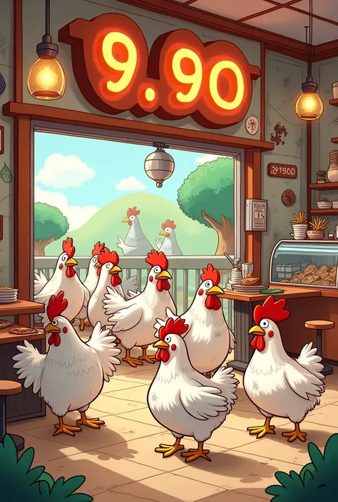 Cartoon chicken restaurant "9.90" and the achievement "Chicken Firewood" 