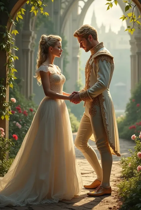 Cinderella with her prince, full body. The prince is blond and has green eyes and is putting his heel on 