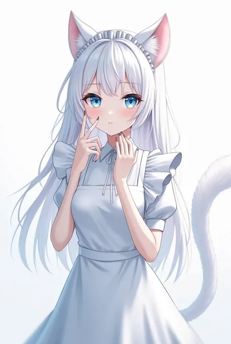 Young woman, solo, white hair, long hair, blue eyes, cat ears, cat fluffy tail, white maid suit, full body,perfect eyes, best quality, perfect detailed eyes, 8K, very detailed image, perfecf image, anime style