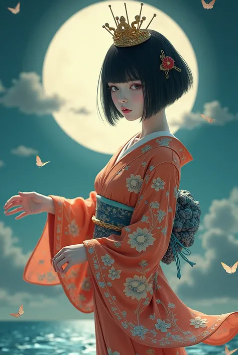 Japan　Goddess of Luck Black Bob　Slender with bangs　Kimono, clear blue sea　Full moon realistic art