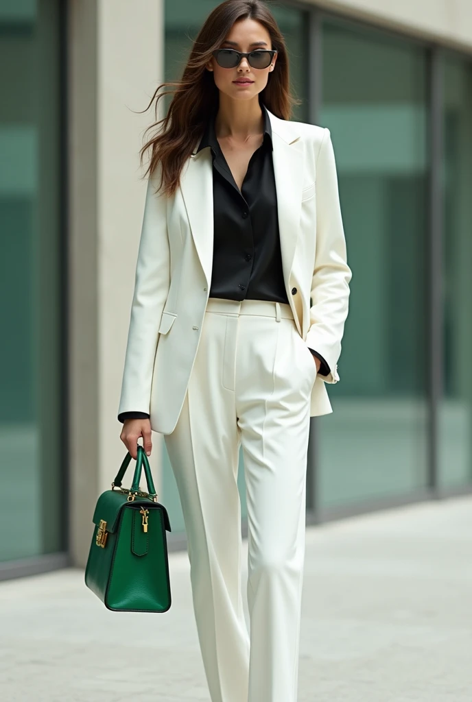 White women&#39;s suit with black blouse, emerald green shoes and emerald green bag 

